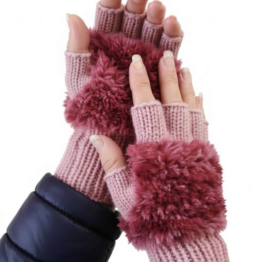 Rose Pink Handmade Knitted Fuzzy Plush Half Finger Texting Gloves
